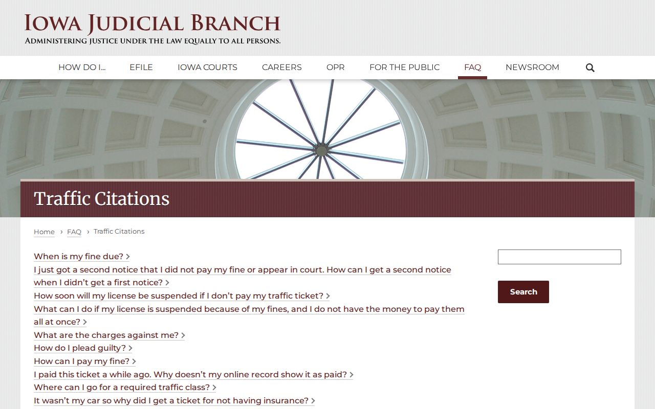 Official Iowa traffic citation help page used for Adams County court cases
