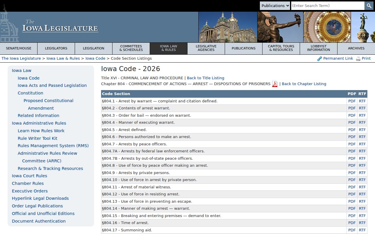 Official Iowa Code Chapter 804 arrest-warrant section index