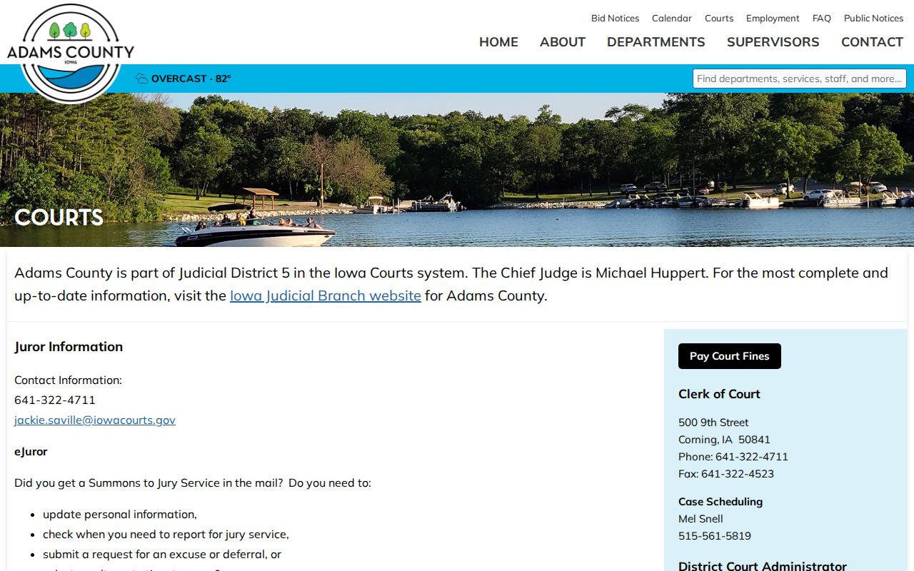 Adams County courts page with Clerk contact