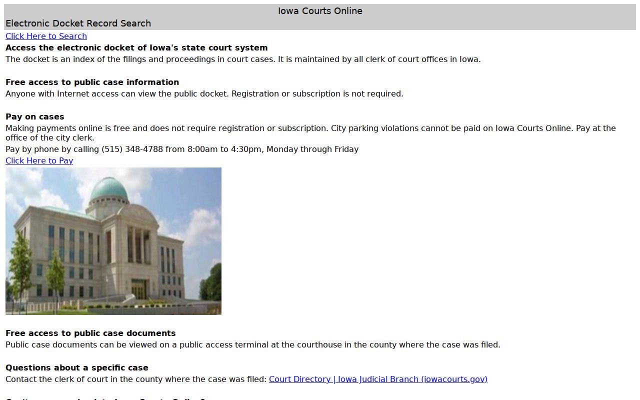 Iowa Courts Online public electronic docket search landing page